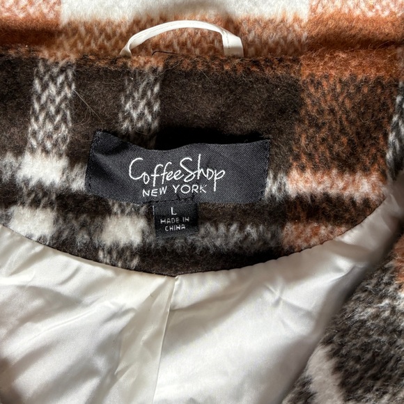CoffeeShop New York Plaid Shirt Jacket Shacket Brown Neutral Button Front Large - Picture 3 of 8